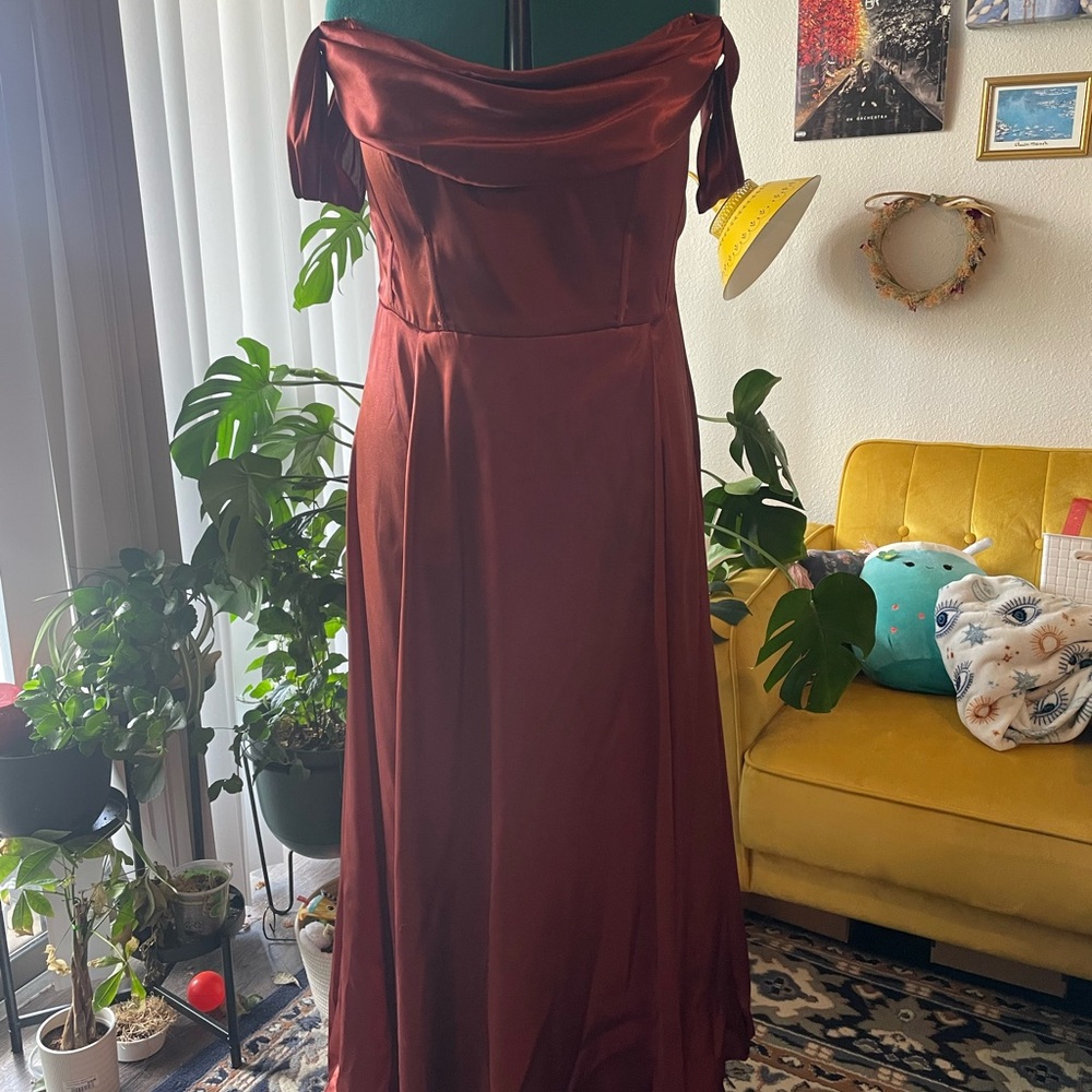 Elegant Charmeuse Off-Shoulder Cinnamon Bridesmaid Dress